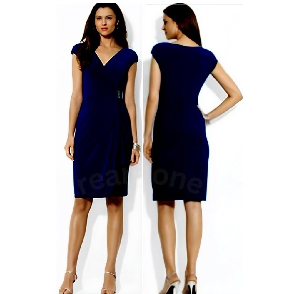 American Living Dress Women's Brooch-Accent Drape Sheath Dress Navy Blue Size 2